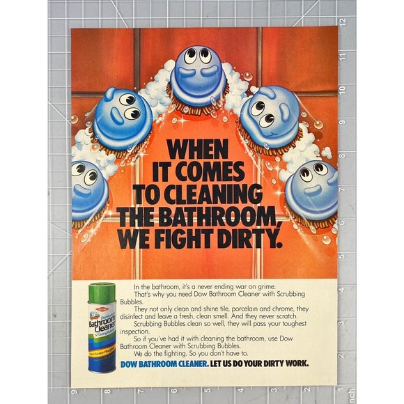 Dow Bathroom Cleaner with Scrubing Bubbles *Let Us Do the Work Vtg Print Ad 1986